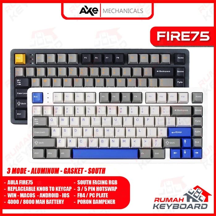 AULA FIRE75 β 75% β 3 MODE β Aluminum β South RGB β Replaceable Knob β Mechanical Keyboard 1